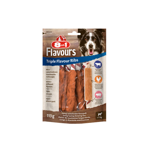 8in1 - Delights Ribs Triple Flavour - Hondensnacks - Kip Varken Rund 6 stuks