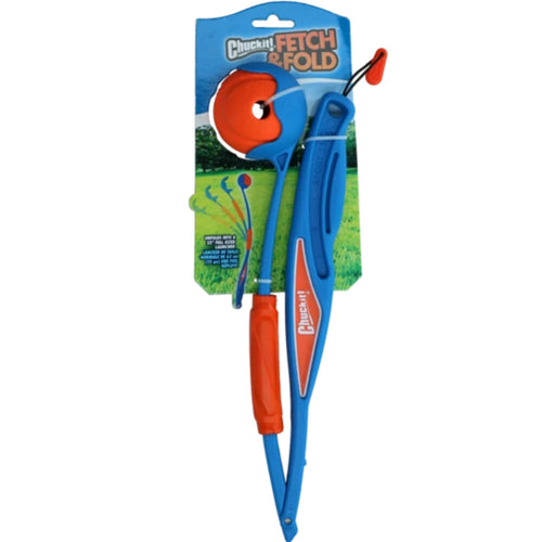 Chuckit! Fetch & Fold Launcher - Ballenwerper hond - Werpstok inklapbaar - Inclusief rubberen bal - Blauw/Oranje