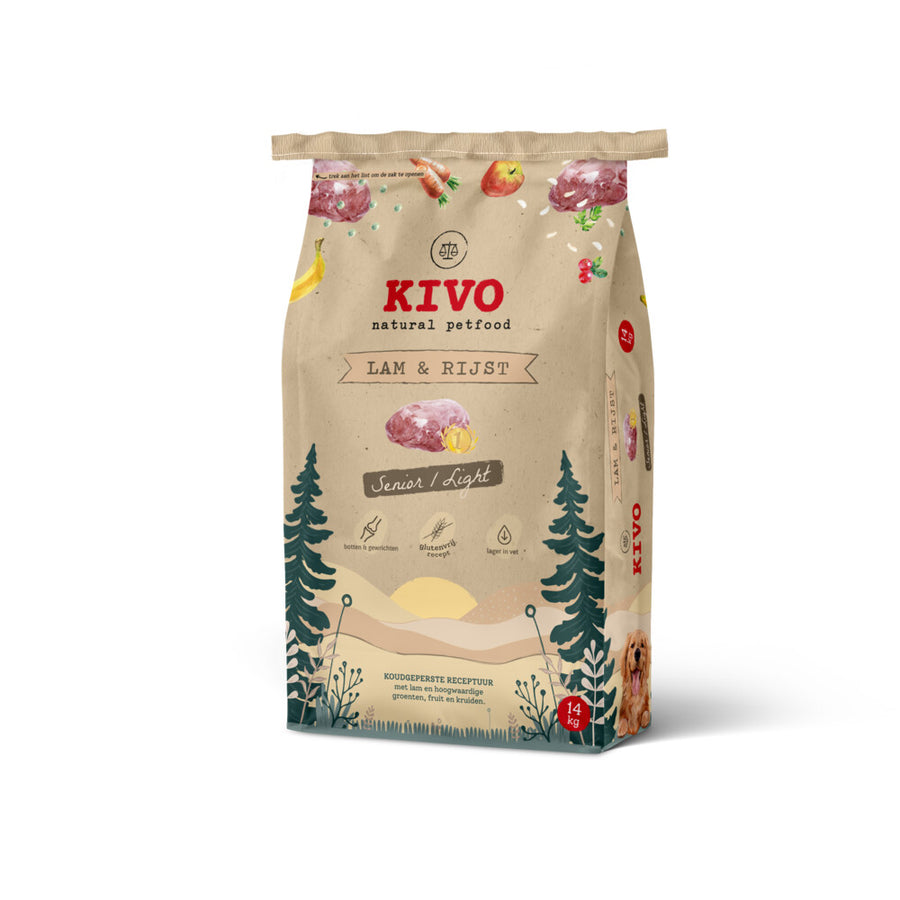 Kivo - Petfood - Hondenbrokken Lam & Rijst - Senior/Light - 4kg Koudgeperst - Glutenvrij