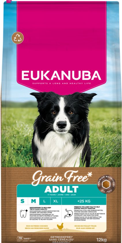 Eukanuba - Grain Free Adult Small & Medium Breed - Hondenvoer - Kip 12kg