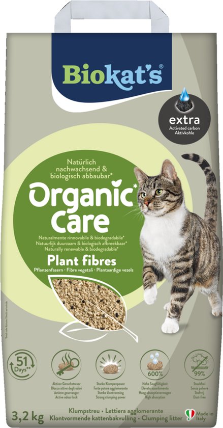 Biokat's - Organic Care Plant fibres extra - 3,2kg - Kattenbakvulling - Klontvormend - Zonder geur