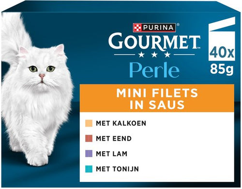 Gourmet - Perle Mini Filets in saus - Kattenvoer Natvoer - Kalkoen Eend Tonijn & Lam - 40 x 85g