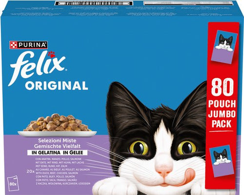 Felix - Mix selectie in Gelei - Kattenvoer Natvoer – Eend, Rund, Kip, & Zalm – 80 x 85g