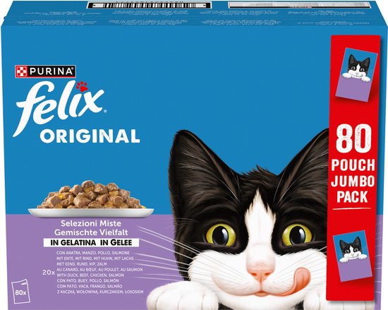 Felix - Mix selectie in Gelei - Kattenvoer Natvoer – Eend, Rund, Kip, & Zalm – 80 x 85g