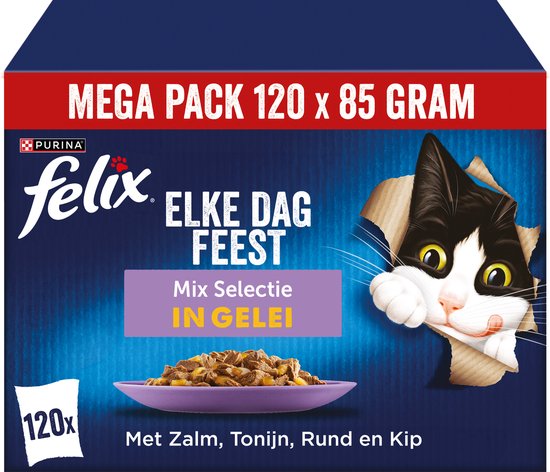 Felix - Elke Dag Feest Mix selectie in Gelei - Kattenvoer Natvoer - Zalm Tonijn Rund & Kip - 120 x 85g