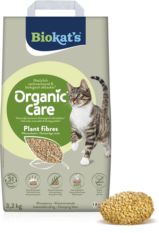 Biokat's - Organic Care Plant fibres - 3,2kg - Kattenbakvulling - Klontvormend - Zonder geur