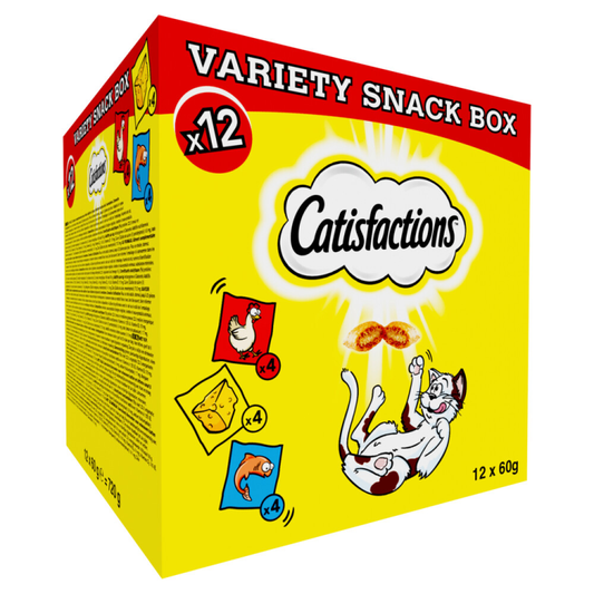 Catisfactions - Katzensnacks - Megabox - Huhn, Käse &amp; Lachs - 12 x 60 g